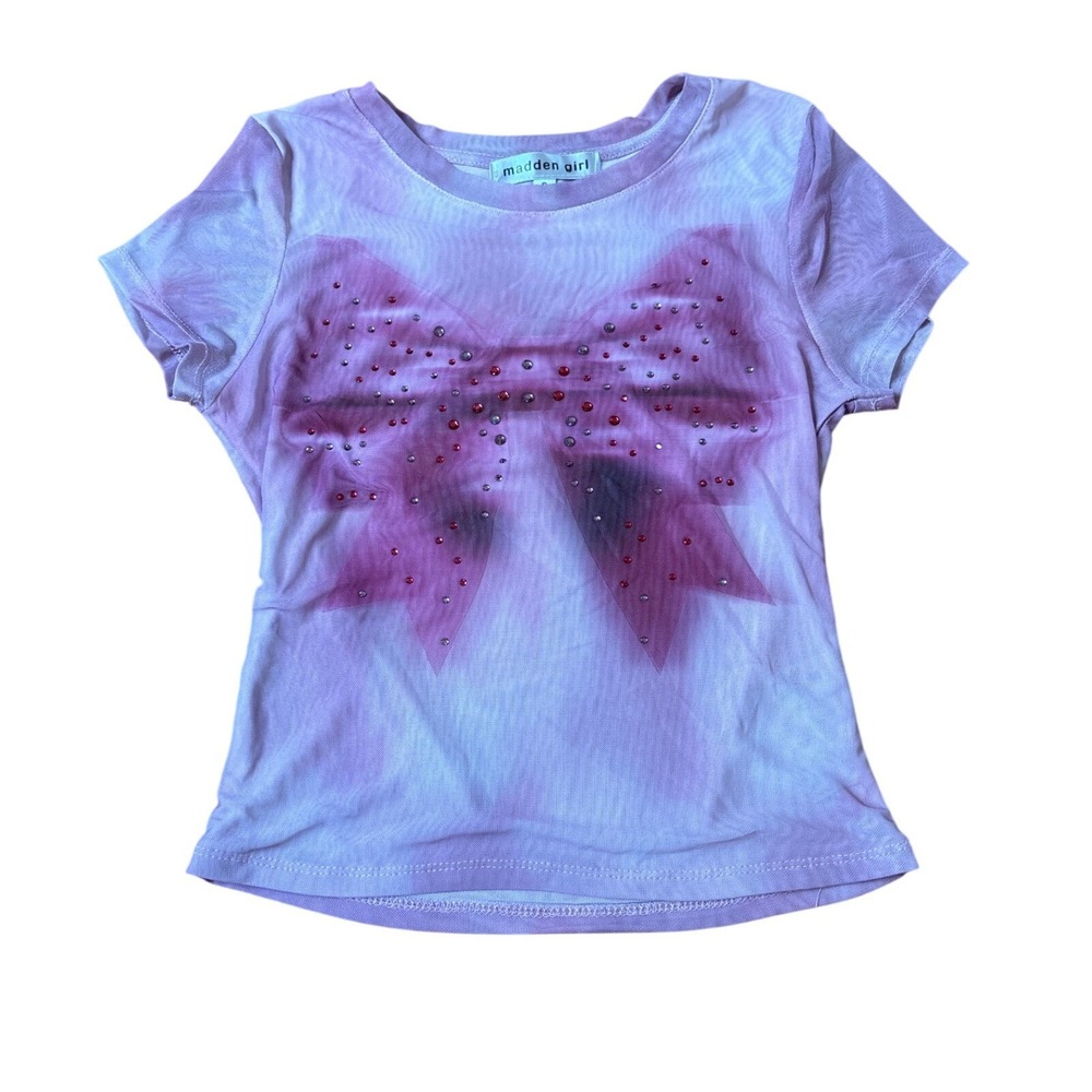 Madden Girl Mesh Baby Tee Women Purple Bow Rhinestone Y2K SIZE S